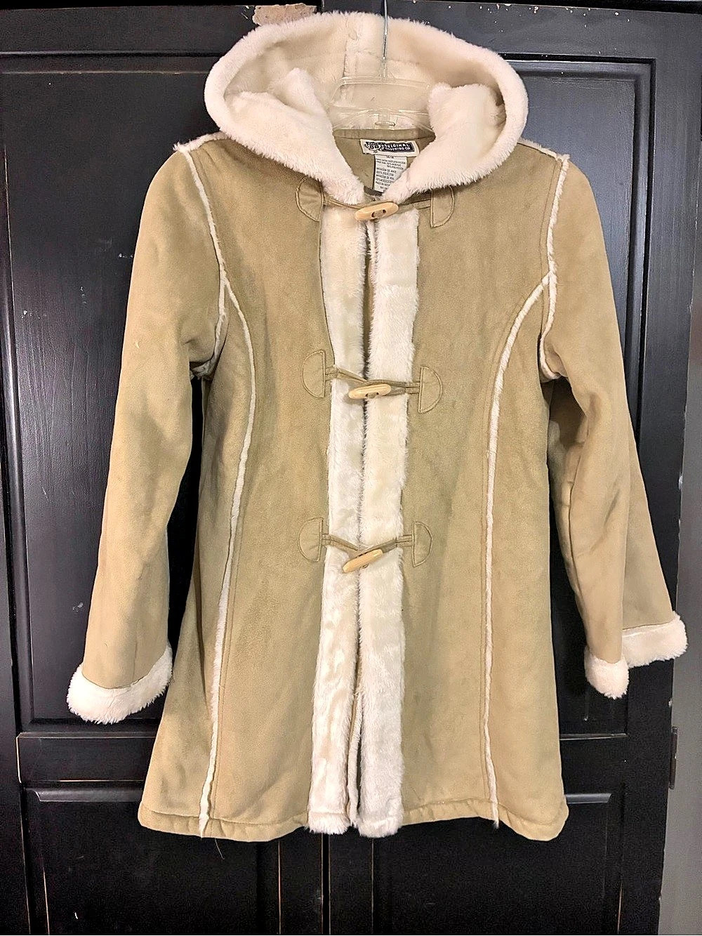Vintage Route 66 14/16 Tan Faux Suede Fur Trim Penny Lane Shearling Coat Hooded